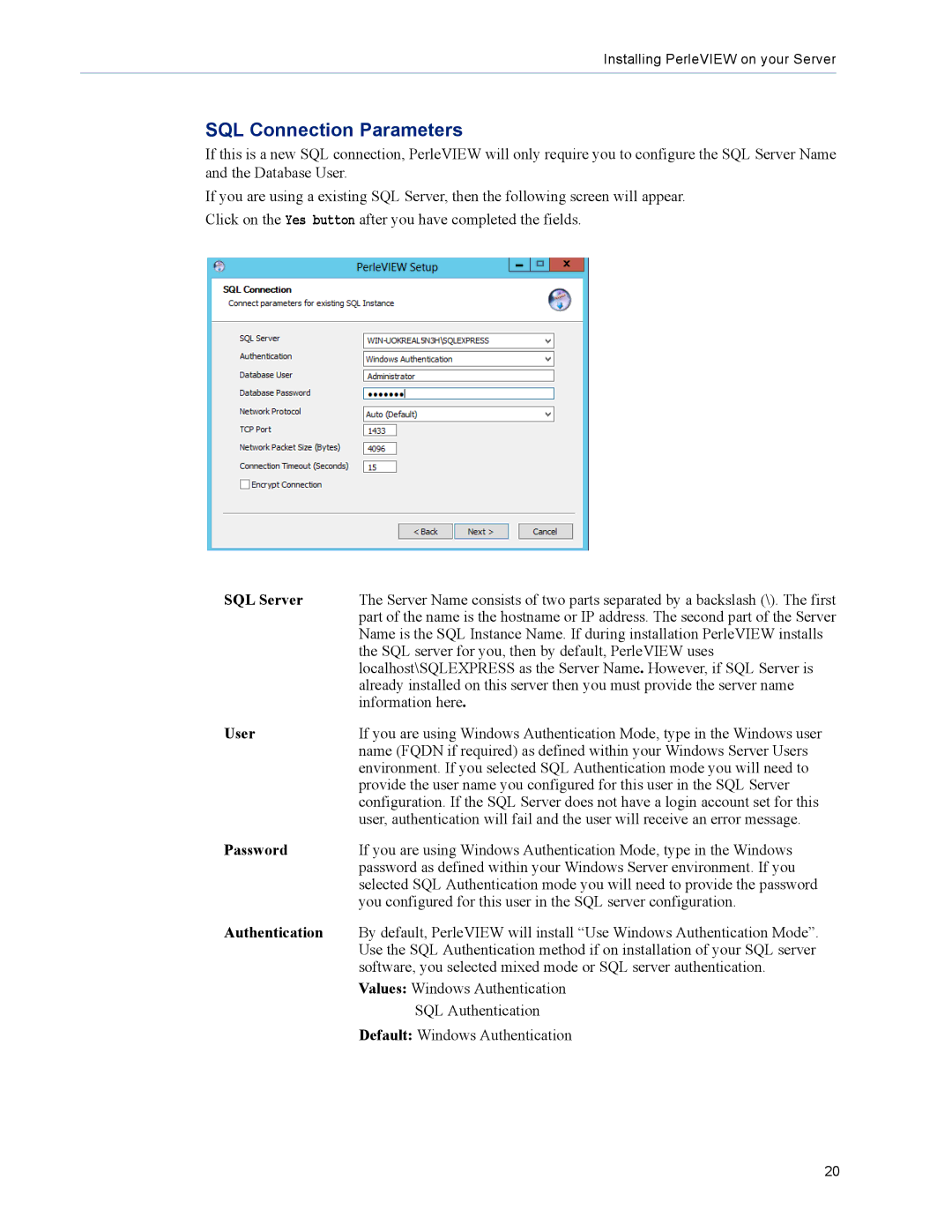 Perle Systems 5500320-12 manual SQL Connection Parameters, SQL Server, User, Password, Authentication 