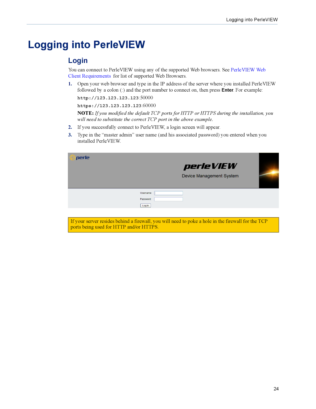 Perle Systems 5500320-12 manual Logging into PerleVIEW, Login 