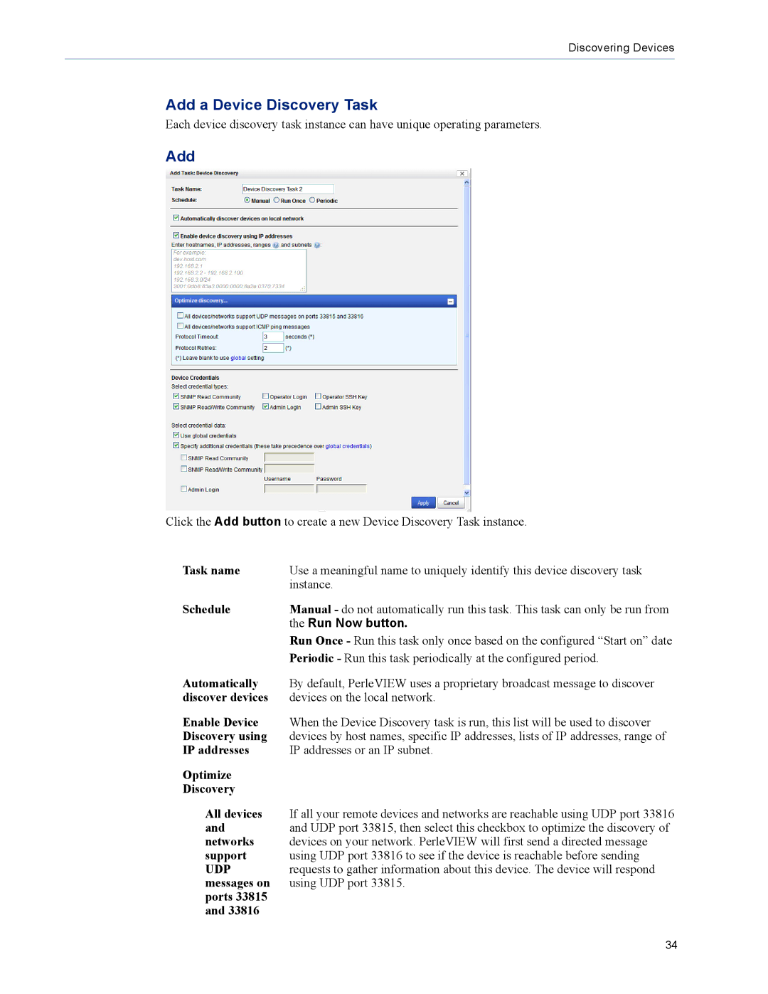 Perle Systems 5500320-12 manual Add a Device Discovery Task, Messages on Using UDP port Ports 