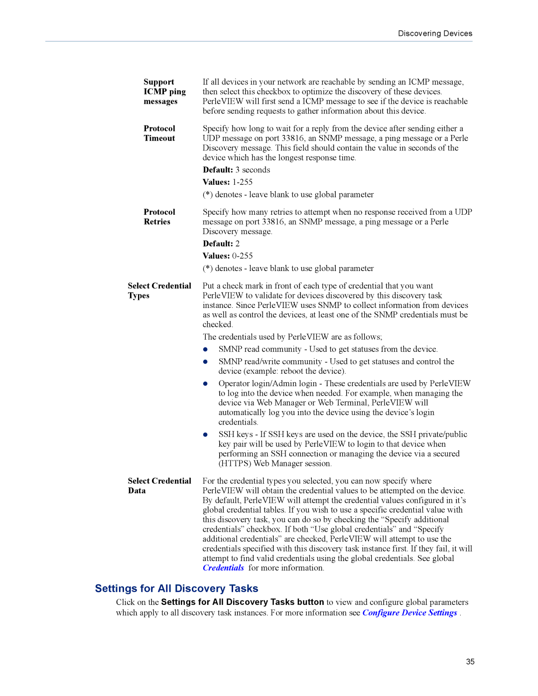 Perle Systems 5500320-12 manual Settings for All Discovery Tasks, Default 3 seconds Values, Default Values 