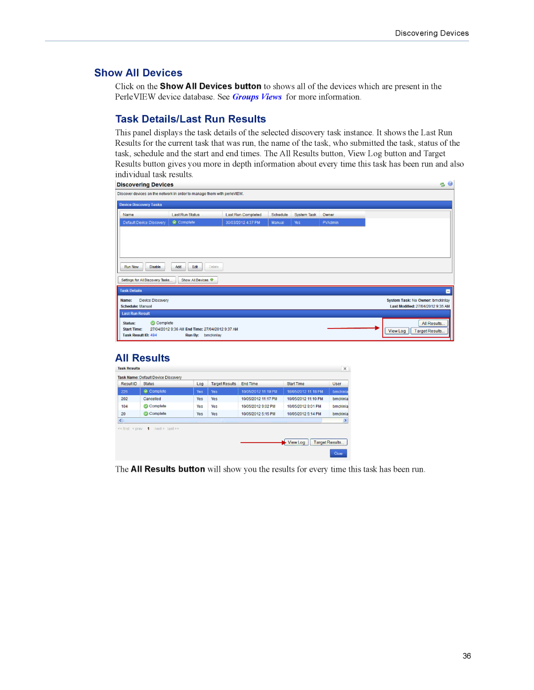 Perle Systems 5500320-12 manual Show All Devices, Task Details/Last Run Results, All Results 