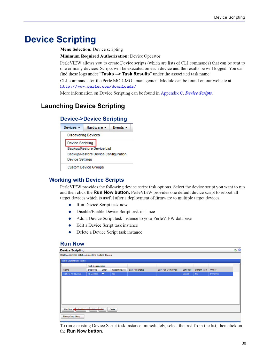 Perle Systems 5500320-12 manual Launching Device Scripting, Device-Device Scripting Working with Device Scripts 