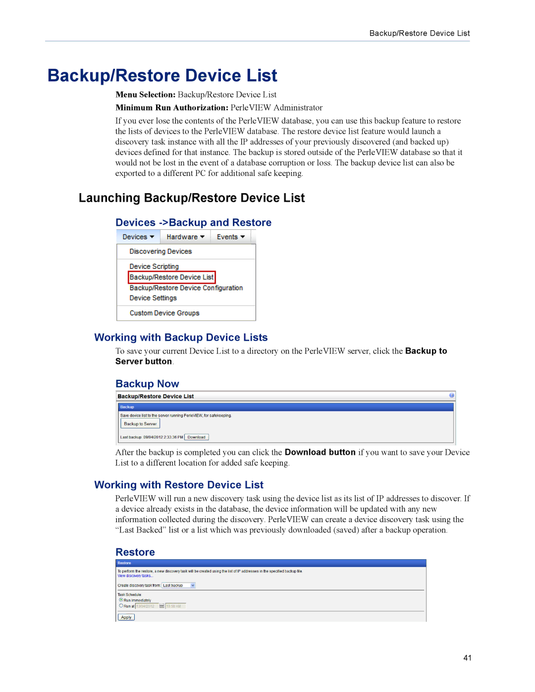 Perle Systems 5500320-12 manual Launching Backup/Restore Device List, Backup Now, Working with Restore Device List 