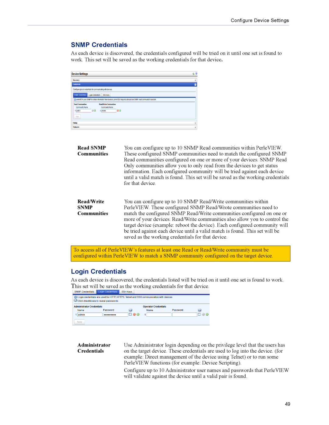 Perle Systems 5500320-12 manual Snmp Credentials, Login Credentials, Read Snmp, Communities, Read/Write 