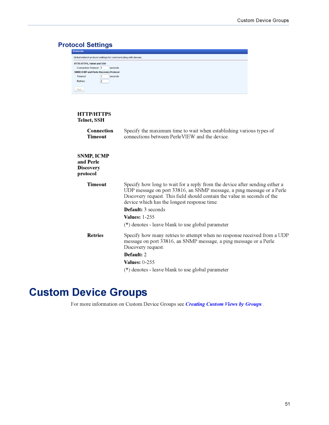 Perle Systems 5500320-12 manual Custom Device Groups, Protocol Settings 