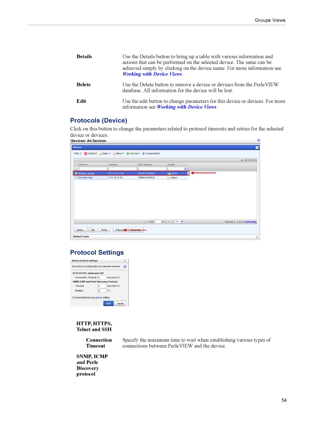 Perle Systems 5500320-12 manual Protocols Device, Details, Edit, Telnet and SSH, SNMP, Icmp and Perle Discovery protocol 