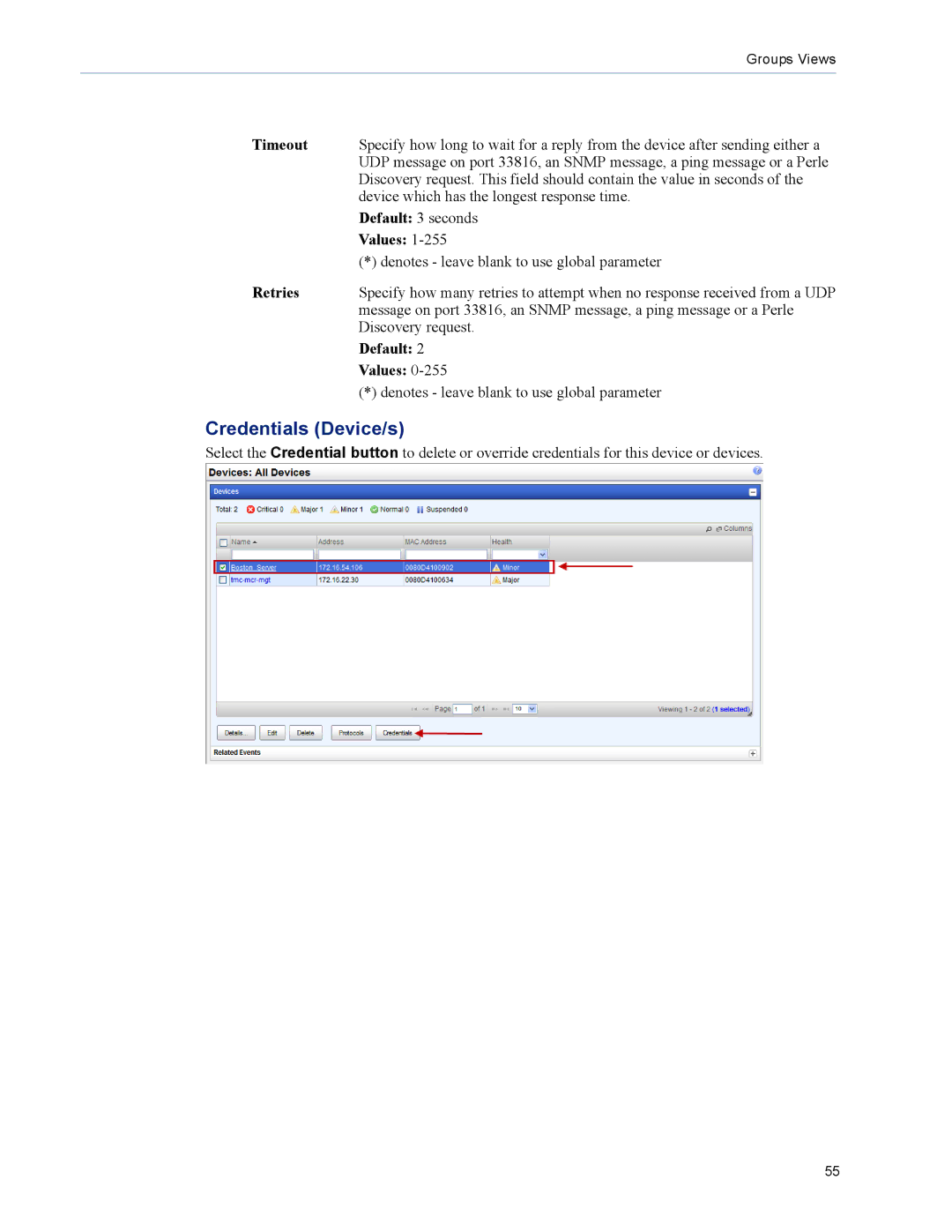 Perle Systems 5500320-12 manual Credentials Device/s, Timeout 