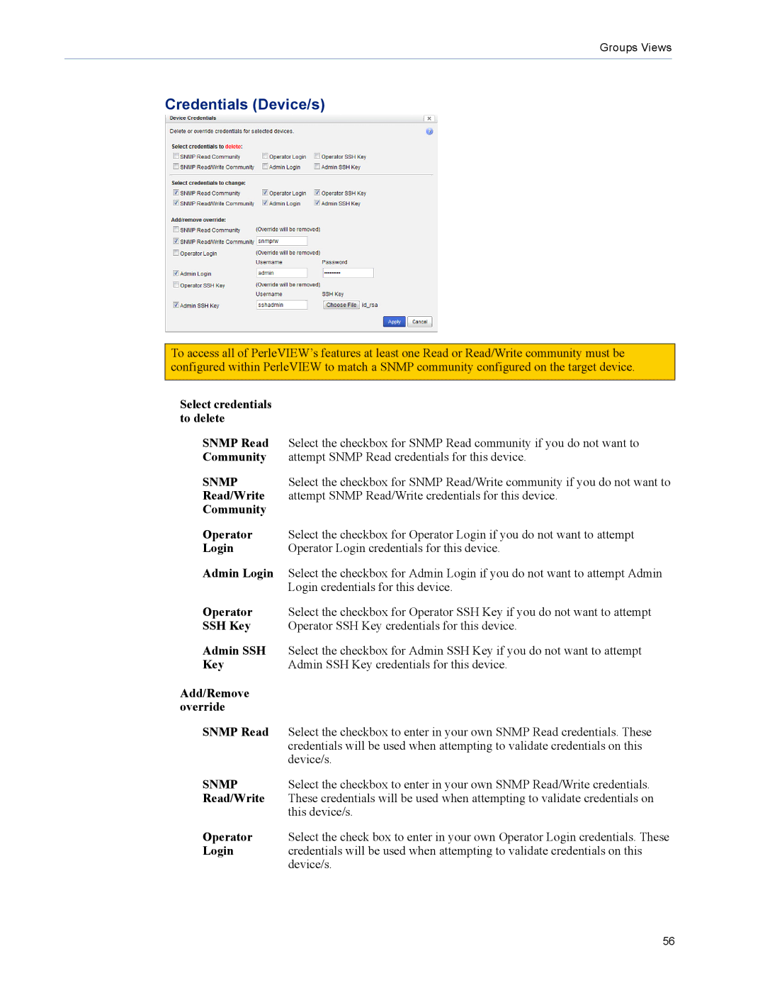 Perle Systems 5500320-12 manual Select credentials to delete Snmp Read, Community Operator, Admin Login, SSH Key 