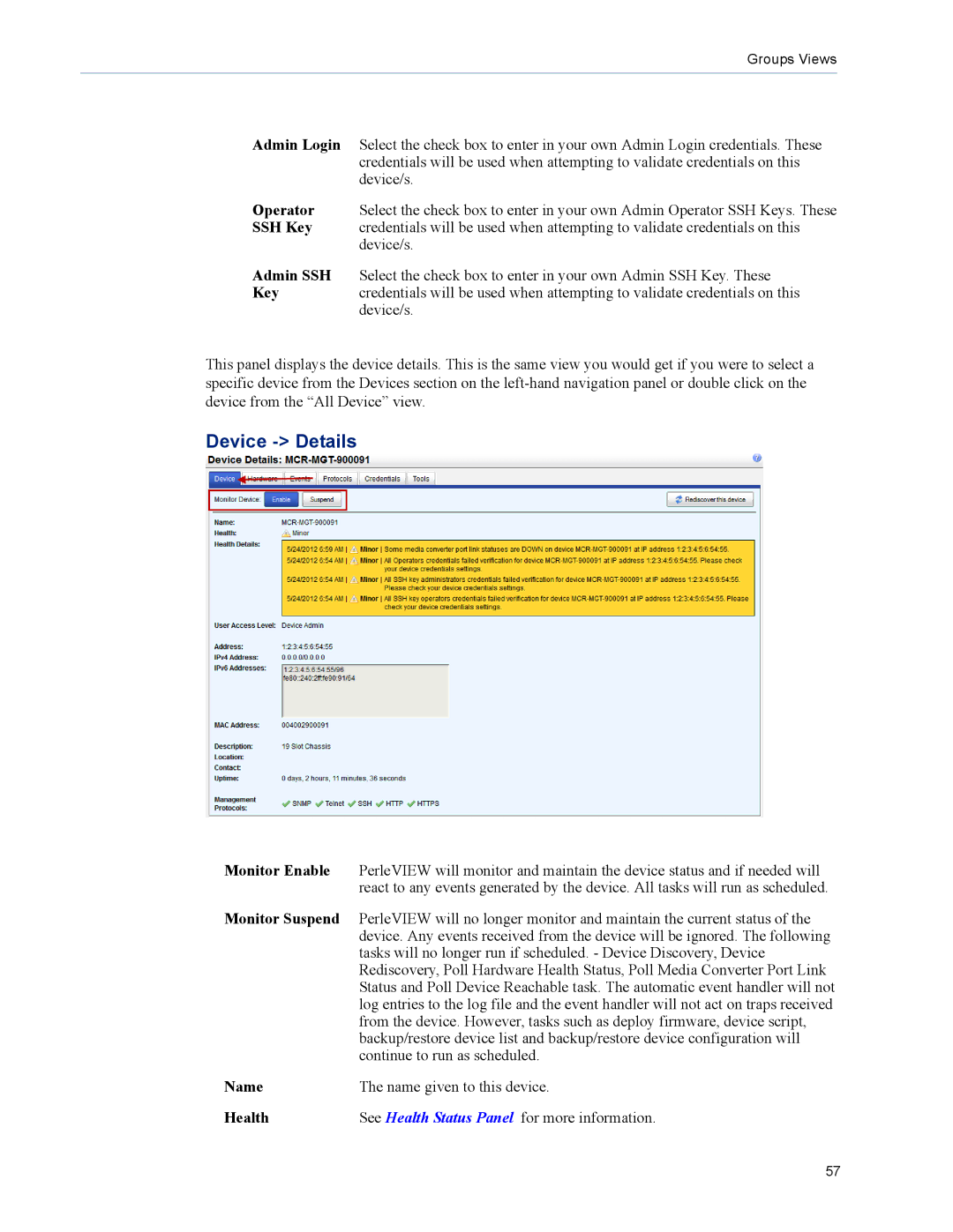 Perle Systems 5500320-12 manual Device Details, Monitor Enable, Monitor Suspend, Name, Health 