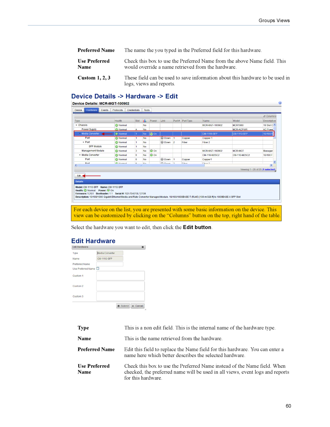 Perle Systems 5500320-12 manual Device Details Hardware Edit, Edit Hardware, Logs, views and reports, Preferred Name 