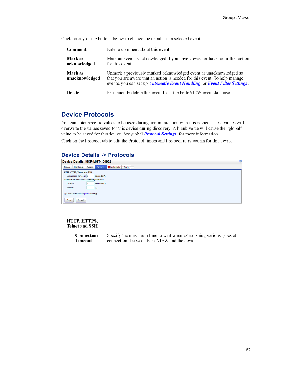 Perle Systems 5500320-12 manual Device Protocols, Device Details Protocols, Mark as, Unacknowledged 