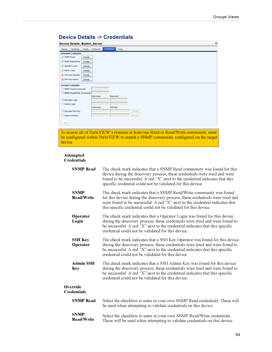 Perle Systems 5500320-12 manual Device Details Credentials, Attempted Credentials Snmp Read 