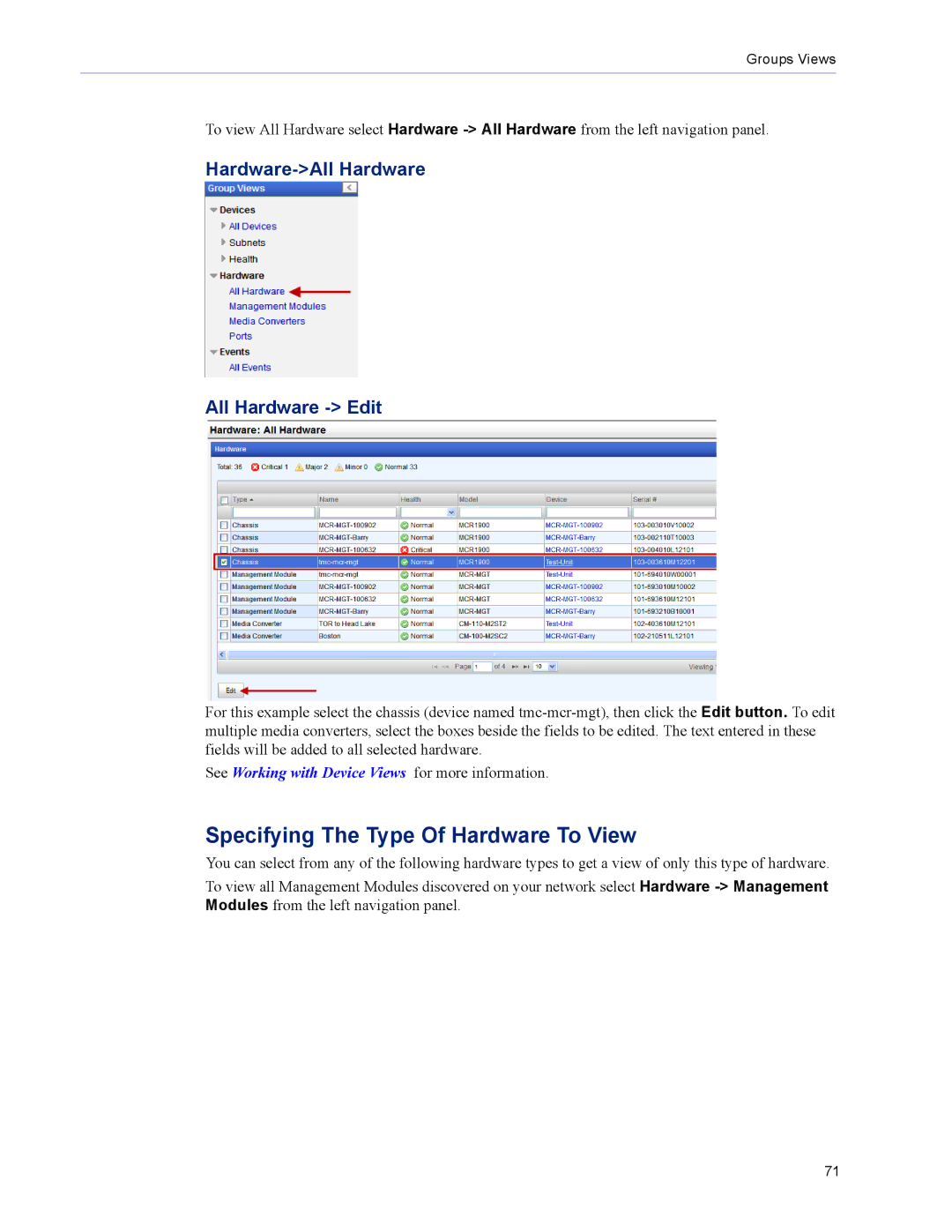 Perle Systems 5500320-12 manual Specifying The Type Of Hardware To View, Hardware-All Hardware All Hardware Edit 