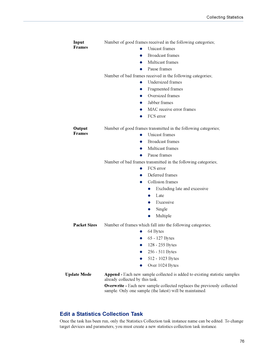 Perle Systems 5500320-12 manual Edit a Statistics Collection Task, Input Frames Output Packet Sizes Update Mode 