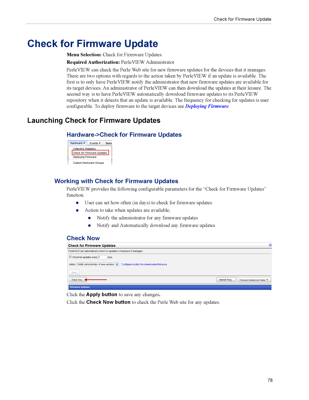 Perle Systems 5500320-12 manual Launching Check for Firmware Updates, Check Now 