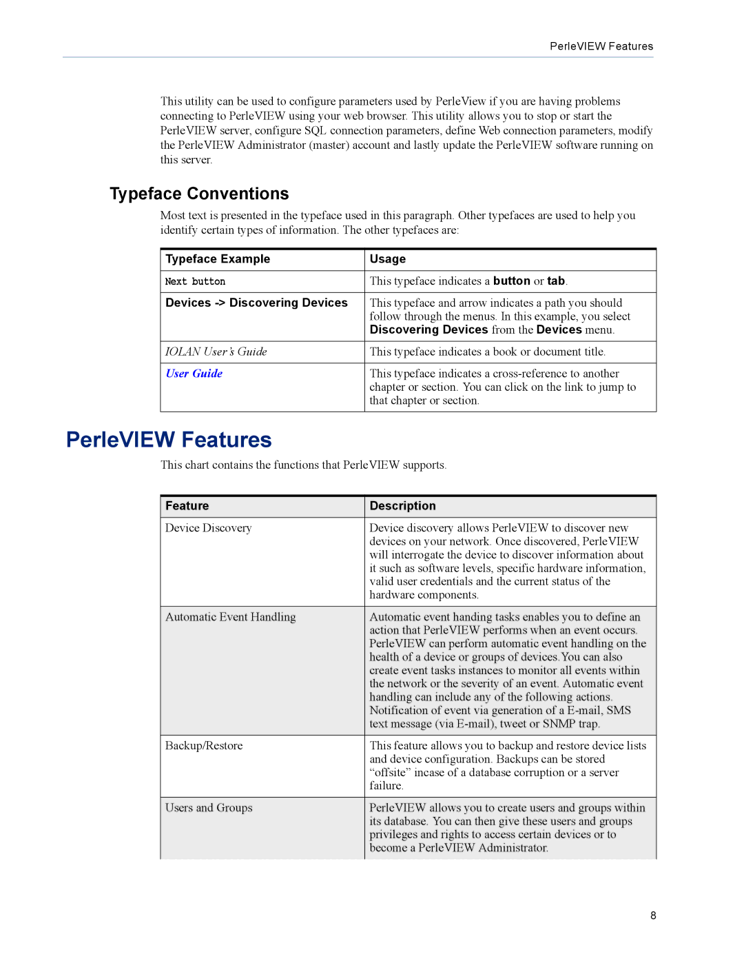 Perle Systems 5500320-12 manual PerleVIEW Features, Typeface Conventions 