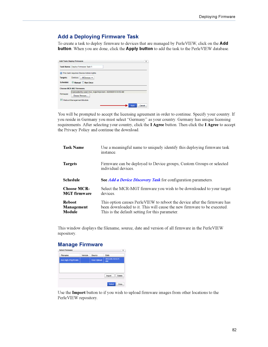 Perle Systems 5500320-12 manual Add a Deploying Firmware Task, Manage Firmware, Choose MCR, MGT firmware, Module 