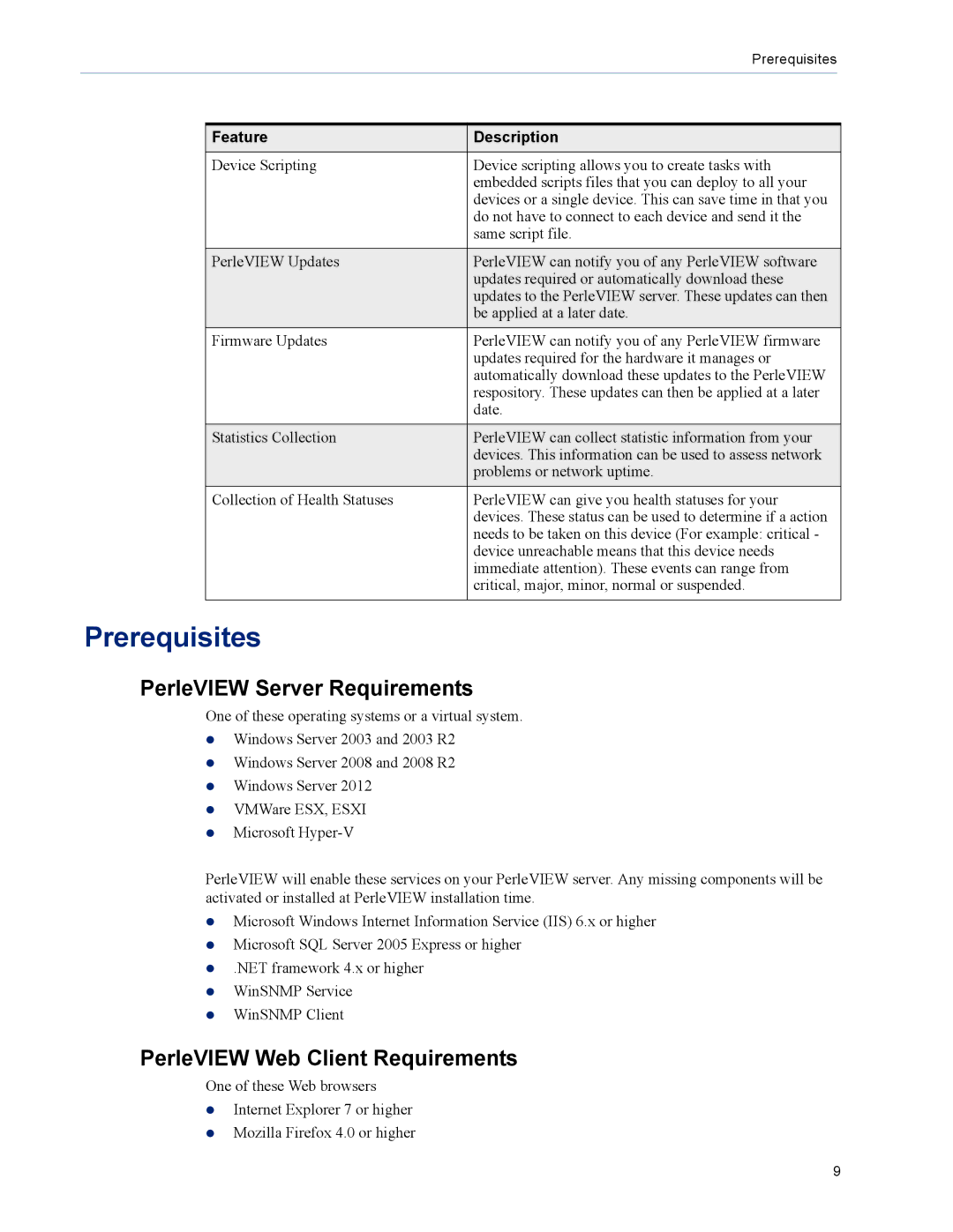 Perle Systems 5500320-12 manual Prerequisites, PerleVIEW Server Requirements, PerleVIEW Web Client Requirements 