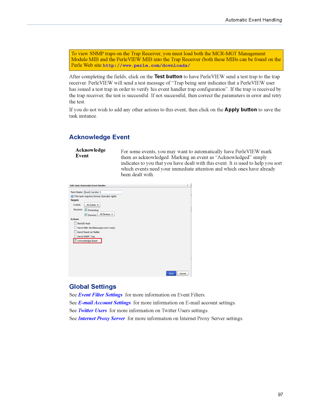 Perle Systems 5500320-12 manual Acknowledge Event, Global Settings 