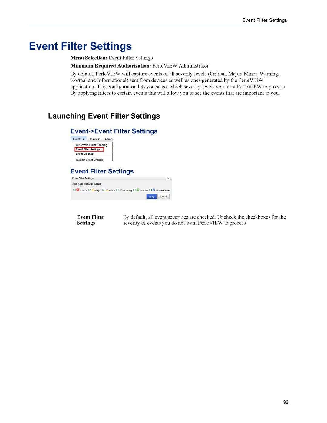 Perle Systems 5500320-12 manual Launching Event Filter Settings, Event-Event Filter Settings 