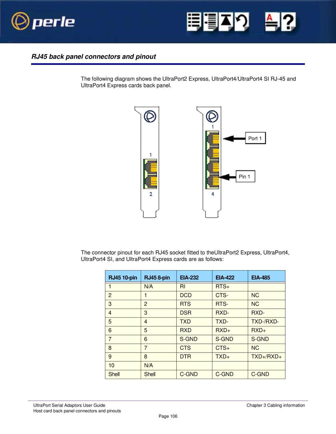 Perle Systems Adaptors manual RJ45 back panel connectors and pinout, RJ45 10-pin RJ45 8-pin EIA-232 EIA-422 EIA-485 