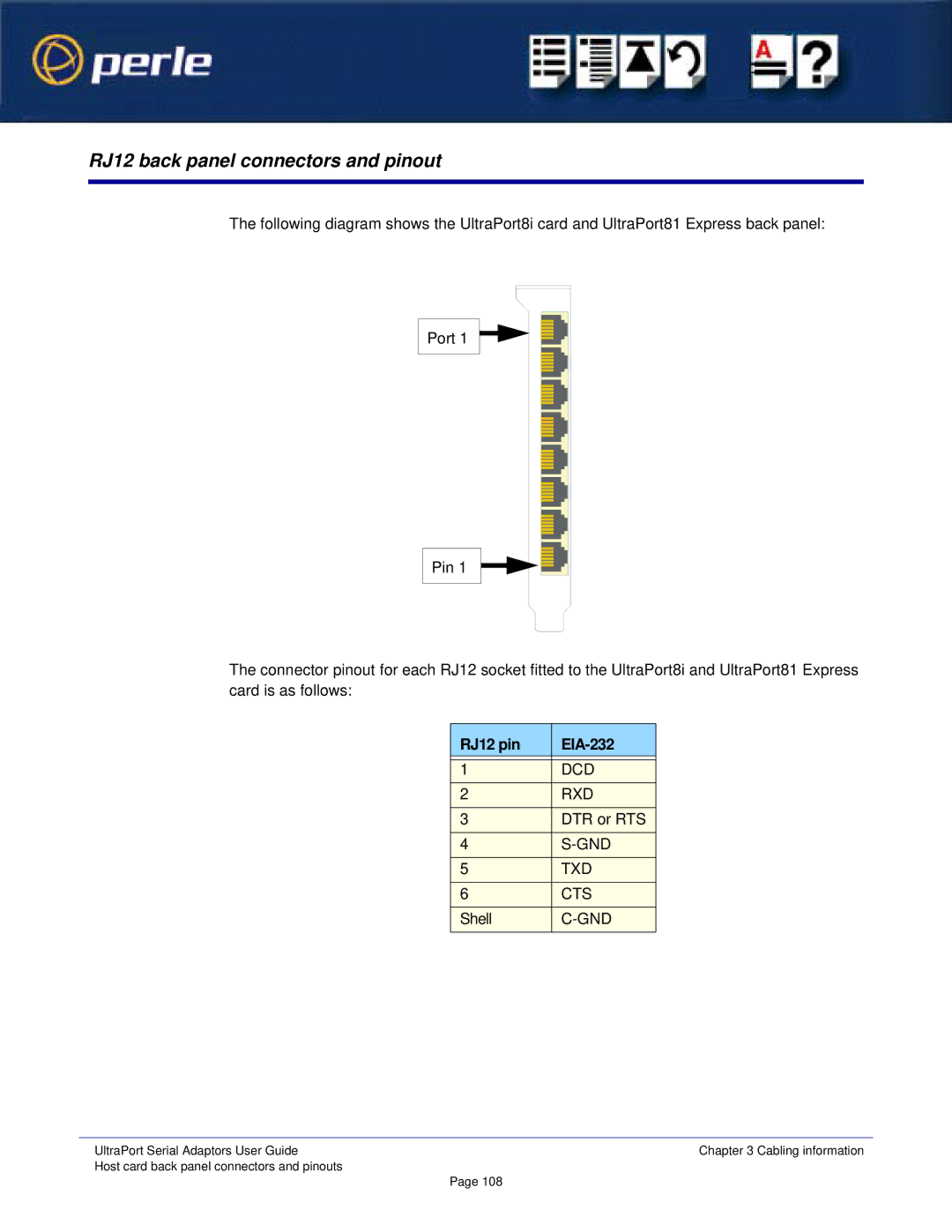 Perle Systems Adaptors manual RJ12 back panel connectors and pinout, RJ12 pin EIA-232 