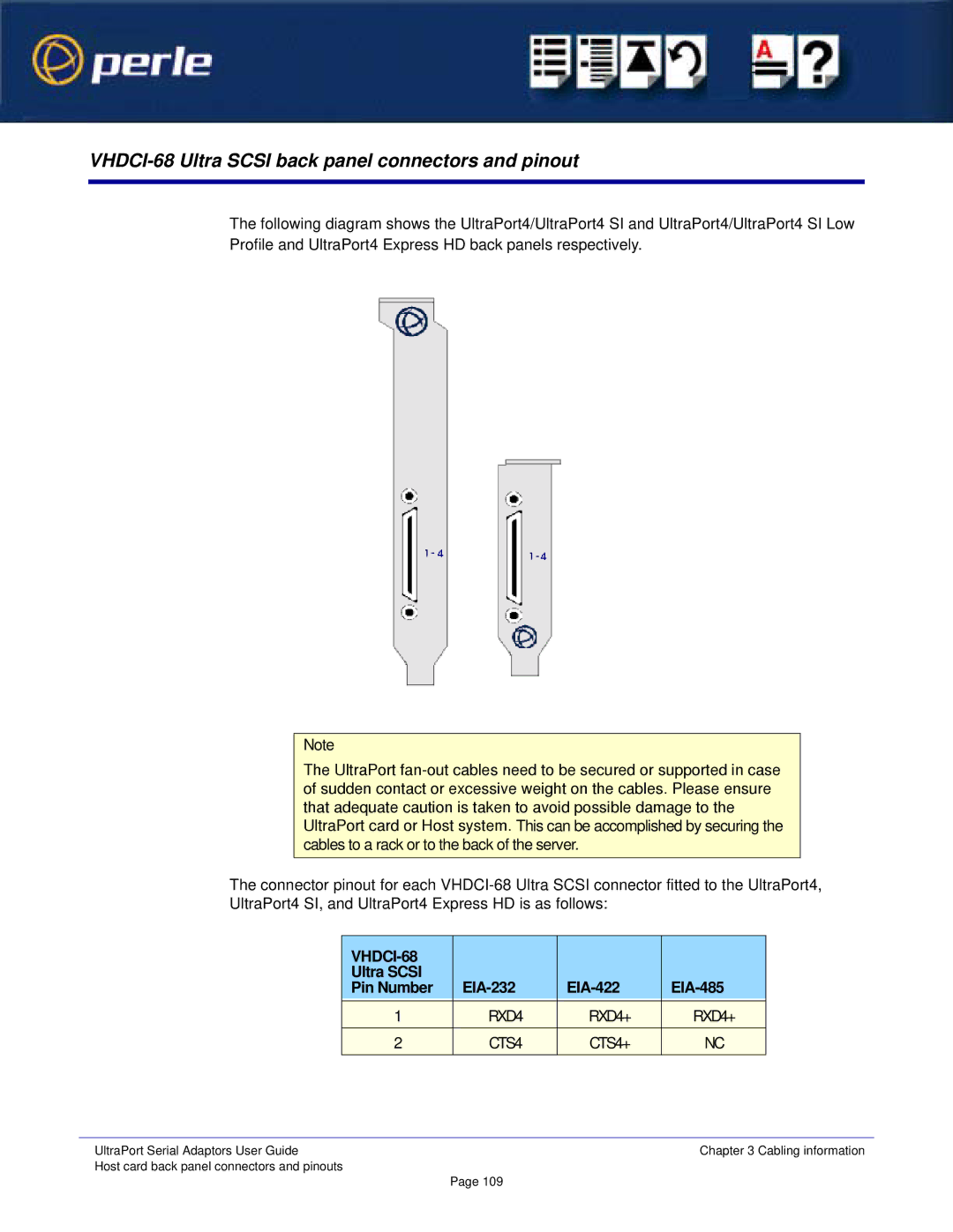 Perle Systems Adaptors VHDCI-68 Ultra Scsi back panel connectors and pinout, Ultra Scsi EIA-232 EIA-422 EIA-485 Pin Number 