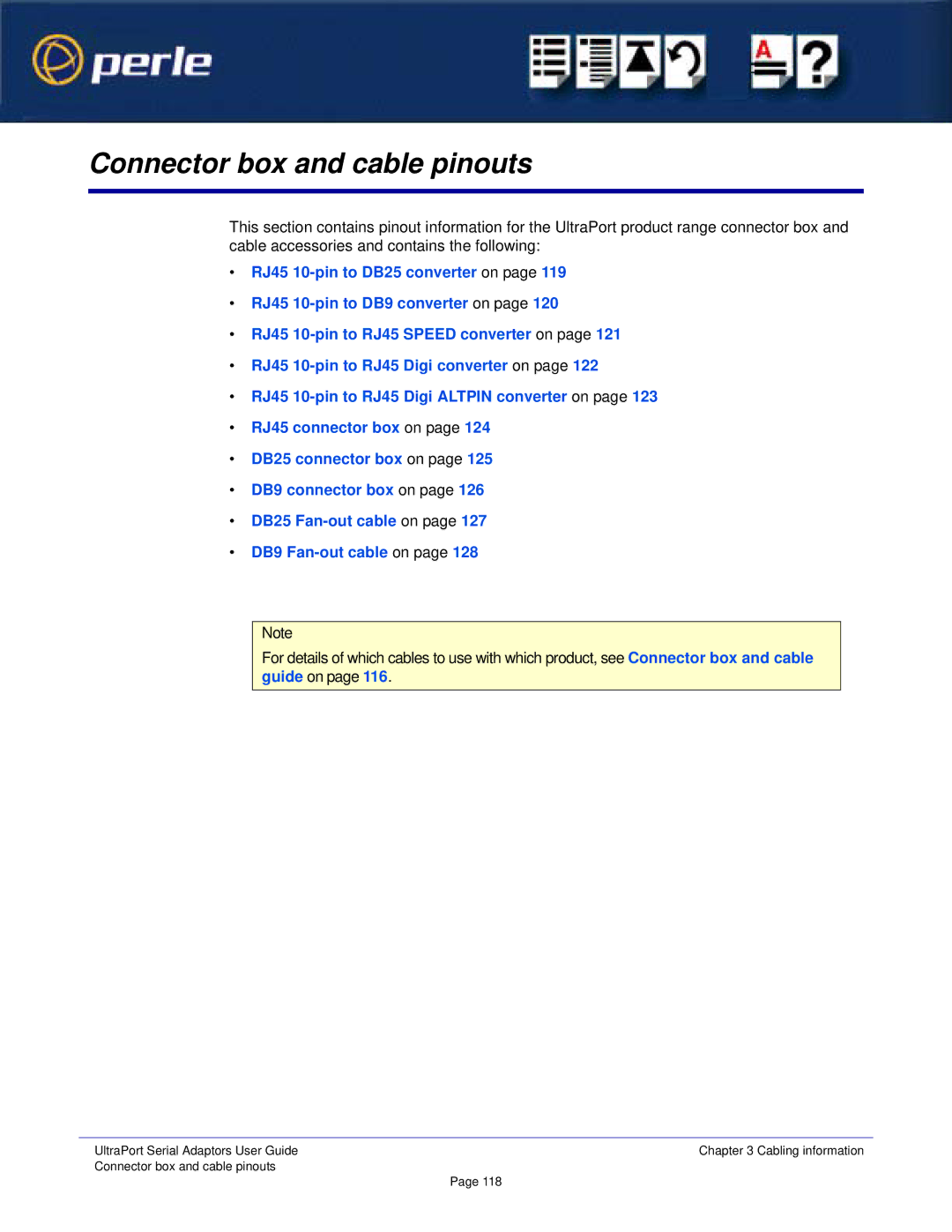 Perle Systems Adaptors manual Connector box and cable pinouts 