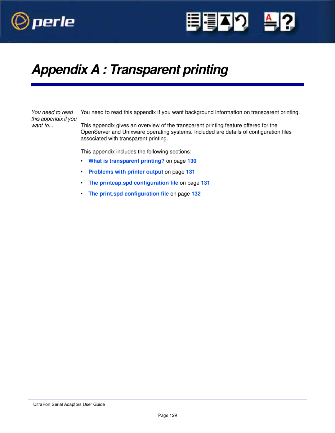 Perle Systems Adaptors manual Appendix a Transparent printing, You need to read this appendix if you want to 