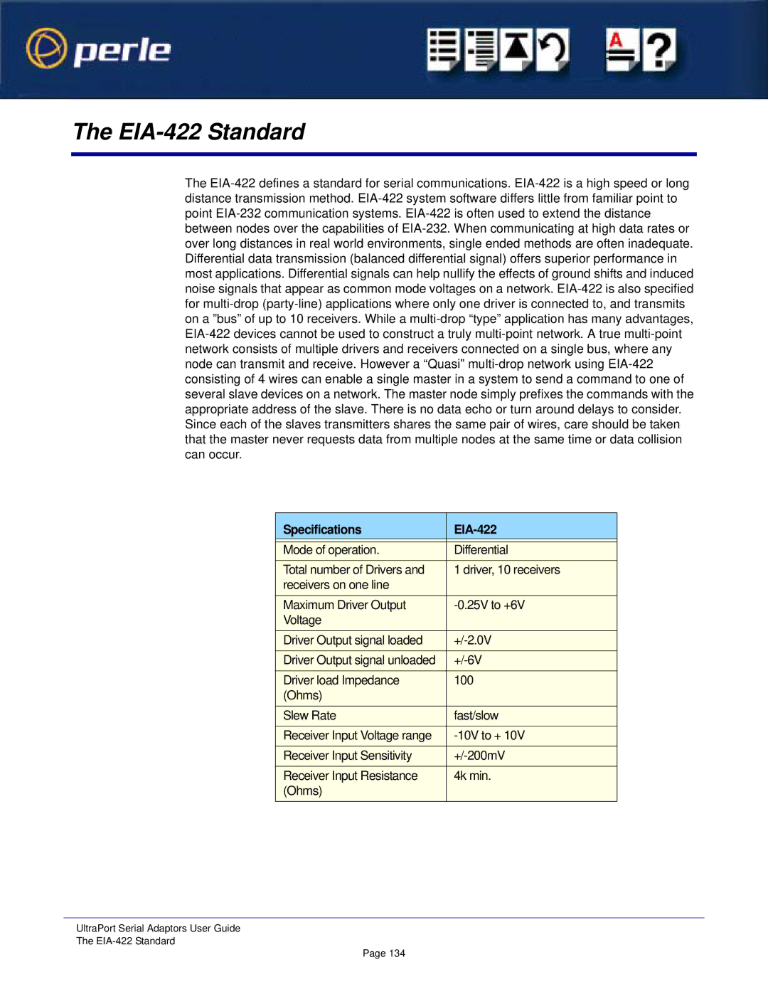 Perle Systems Adaptors manual EIA-422 Standard, Specifications EIA-422 