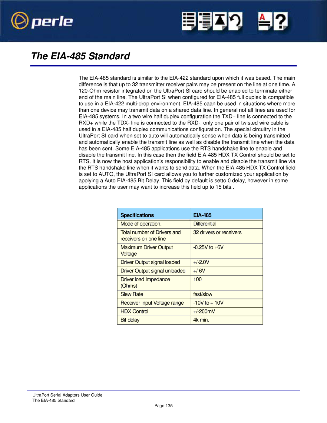 Perle Systems Adaptors manual EIA-485 Standard, Specifications EIA-485 