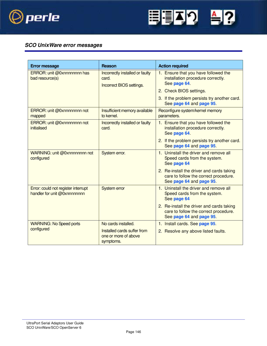 Perle Systems Adaptors manual SCO UnixWare error messages, See page 64 