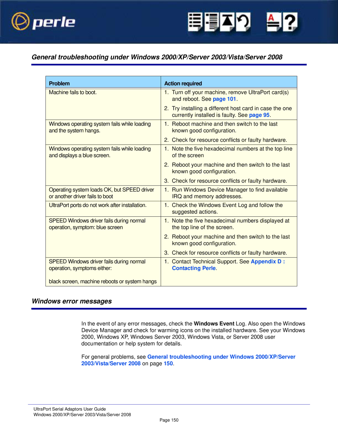 Perle Systems Adaptors manual Windows error messages, Problem Action required 