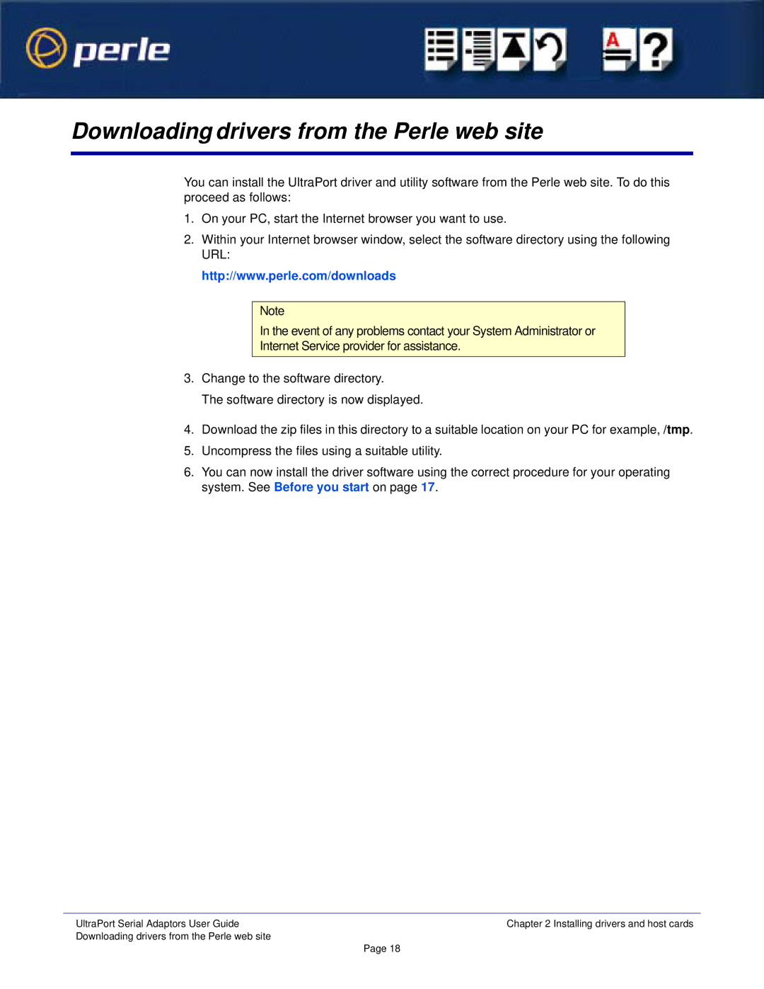 Perle Systems Adaptors manual Downloading drivers from the Perle web site 