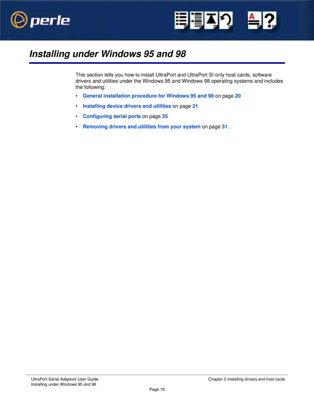 Perle Systems Adaptors manual Installing under Windows 95 