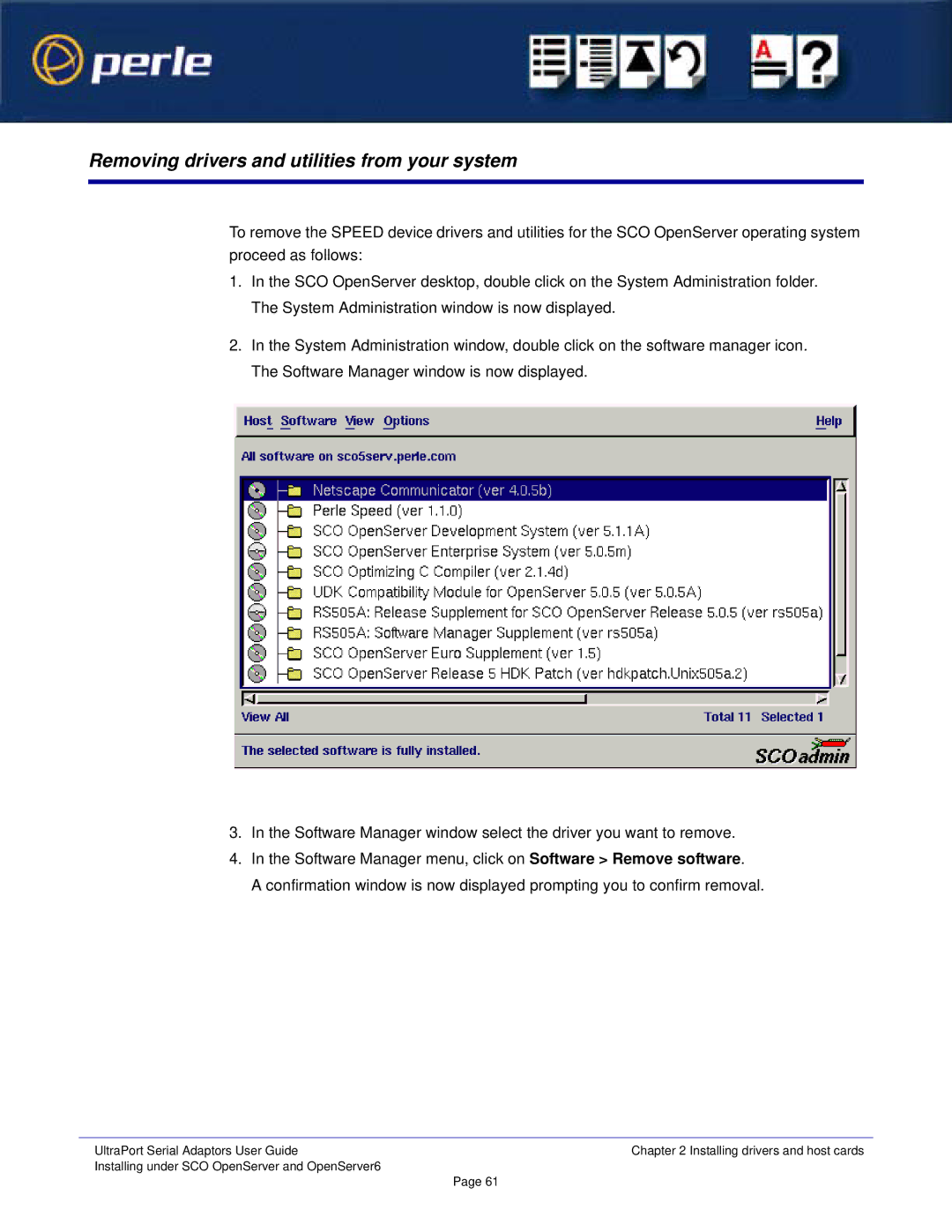 Perle Systems Adaptors manual Removing drivers and utilities from your system 