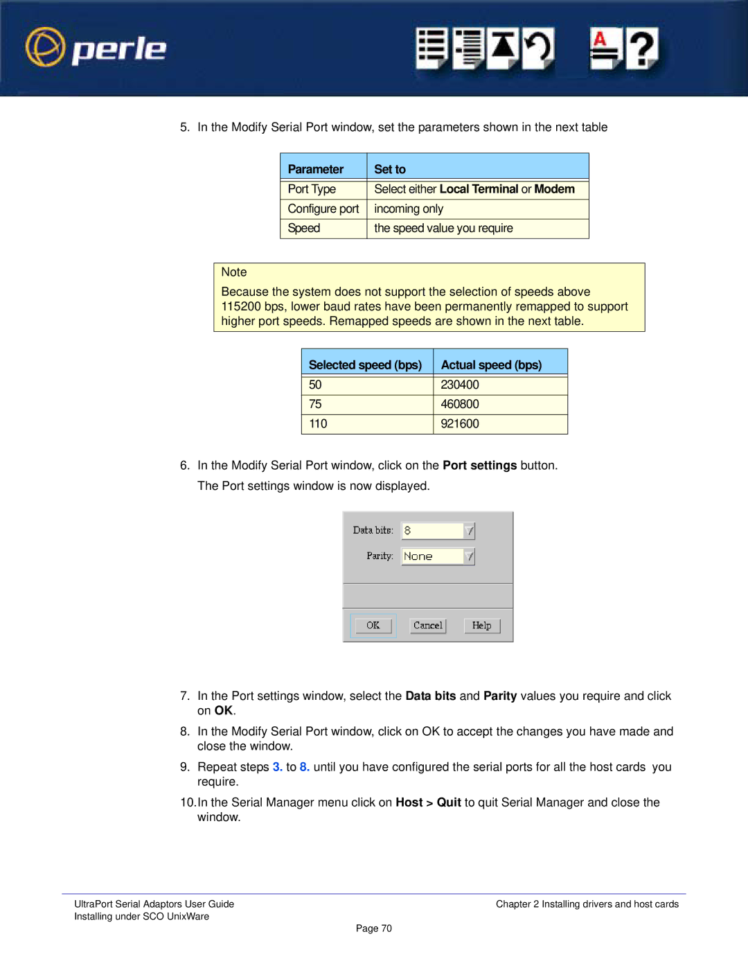 Perle Systems Adaptors manual Parameter Set to, Selected speed bps Actual speed bps 