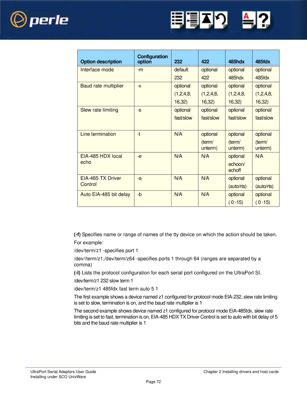 Perle Systems Adaptors manual Option description Configuration 232 422 485hdx 485fdx 