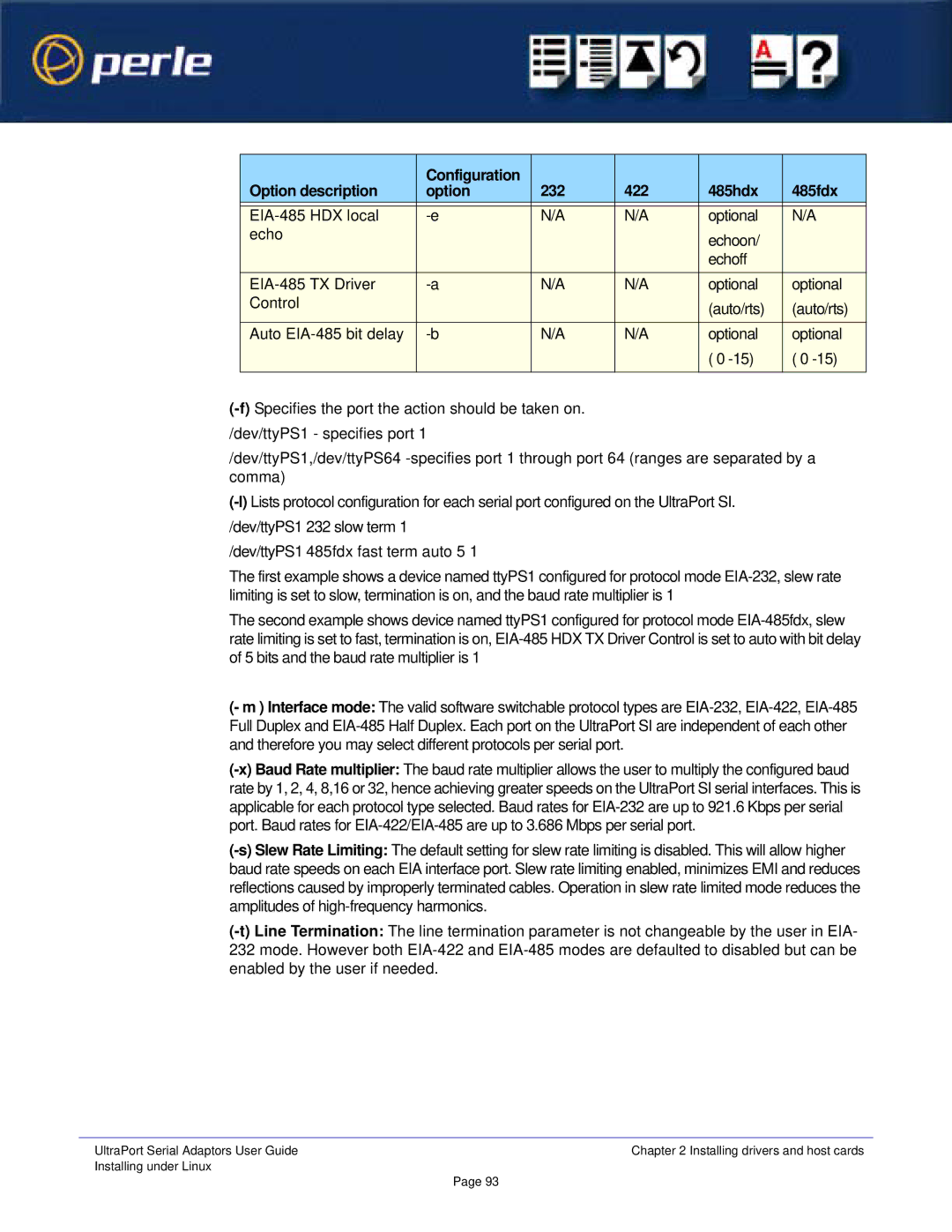 Perle Systems Adaptors manual Option description Configuration 232 422 485hdx 485fdx 