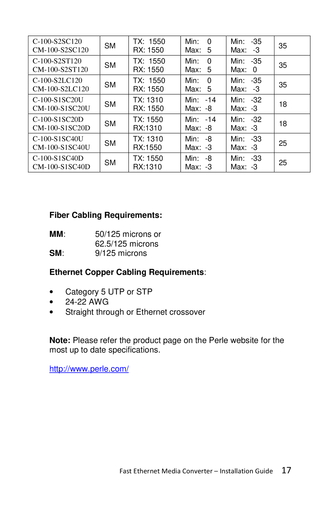 Perle Systems C-100-XXXXX manual Fiber Cabling Requirements, Ethernet Copper Cabling Requirements 