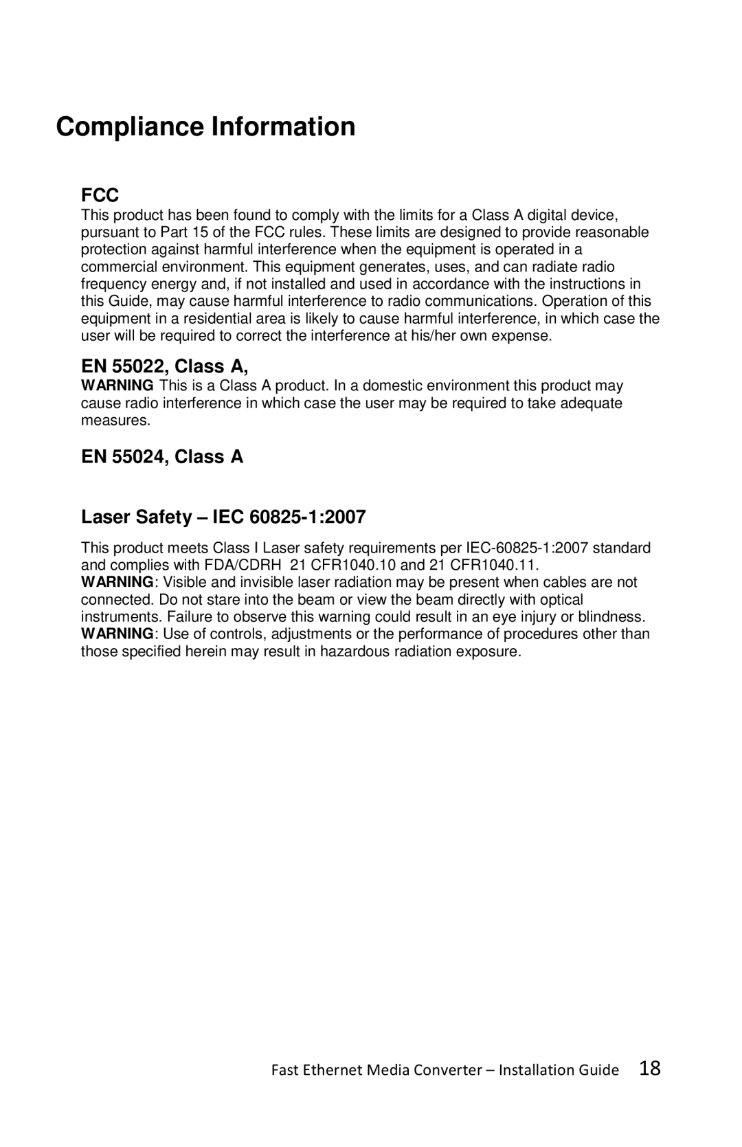 Perle Systems C-100-XXXXX manual Compliance Information, EN 55022, Class a EN 55024, Class a Laser Safety IEC 