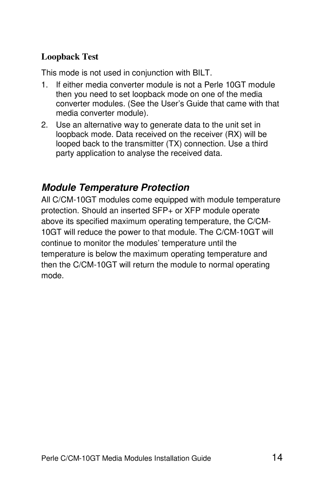 Perle Systems CM-10GT-XFPH, C-10GT-XFPH, CM-10GT-SFP, C-10GT-SFP manual Module Temperature Protection, Loopback Test 