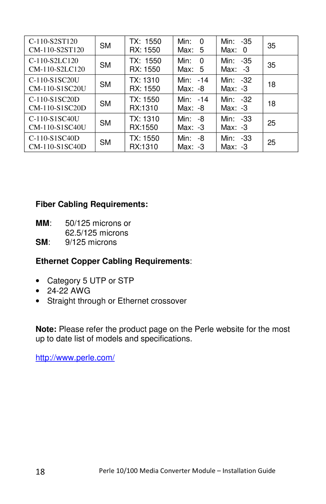 Perle Systems C-110-XXXXX, CM-110-XXXXX manual Fiber Cabling Requirements, Ethernet Copper Cabling Requirements 