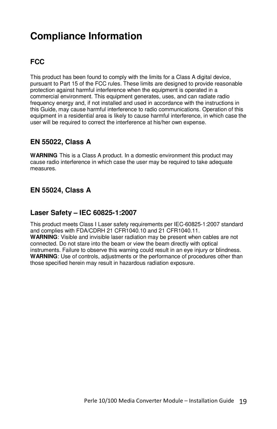 Perle Systems CM-110-XXXXX, C-110-XXXXX manual Compliance Information, EN 55022, Class a EN 55024, Class a Laser Safety IEC 