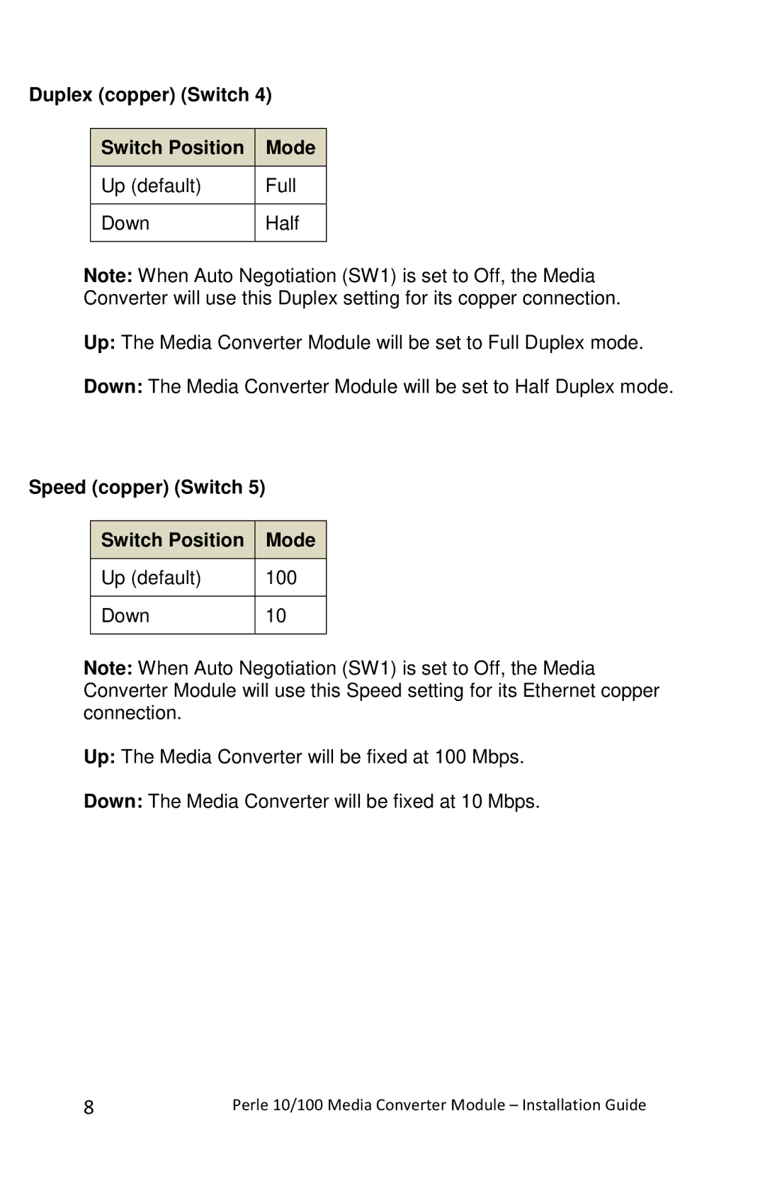 Perle Systems C-110-XXXXX manual Duplex copper Switch Switch Position Mode, Speed copper Switch Switch Position Mode 