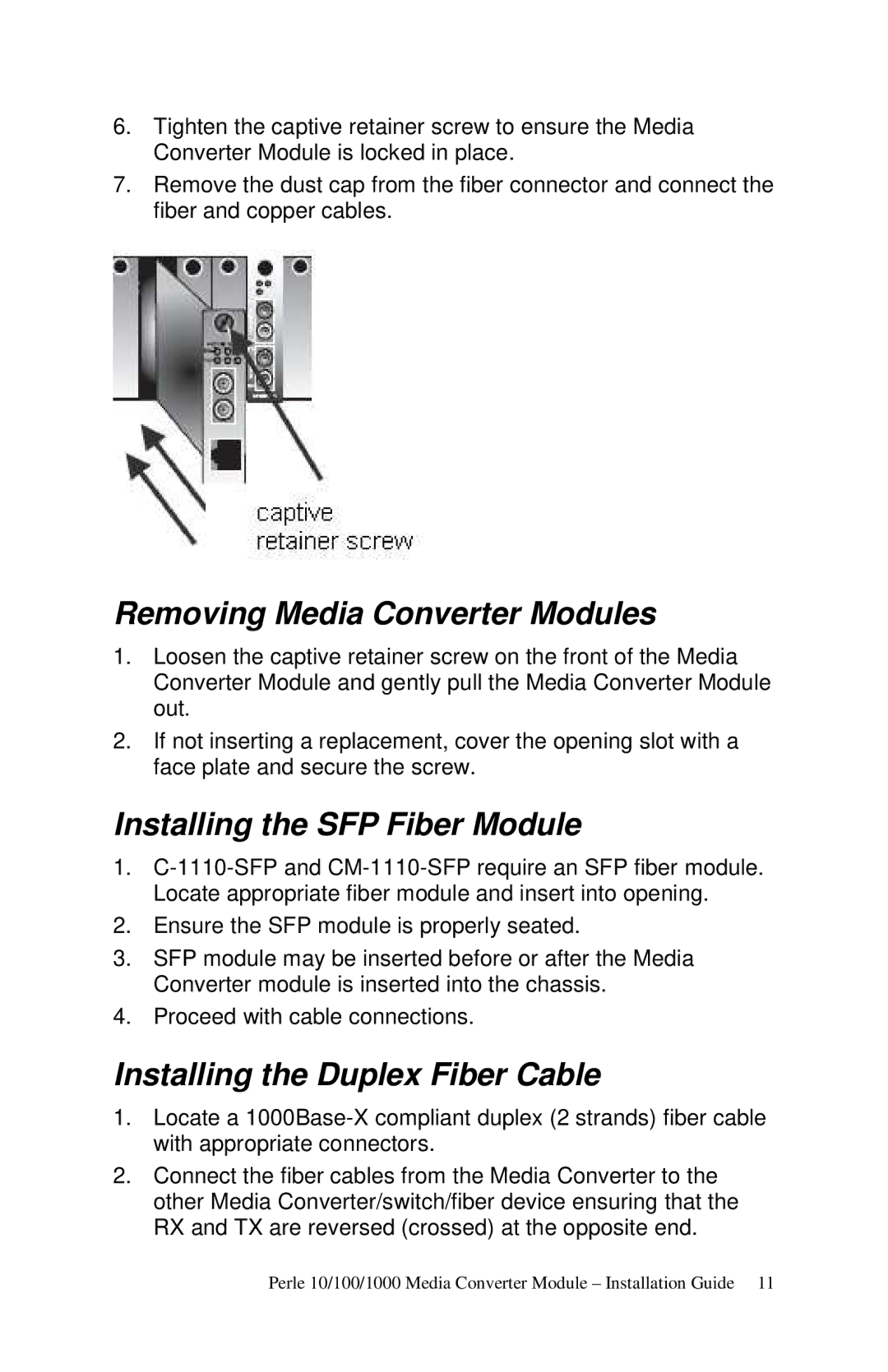 Perle Systems c-1111-xxxxx manual Removing Media Converter Modules, Installing the SFP Fiber Module 