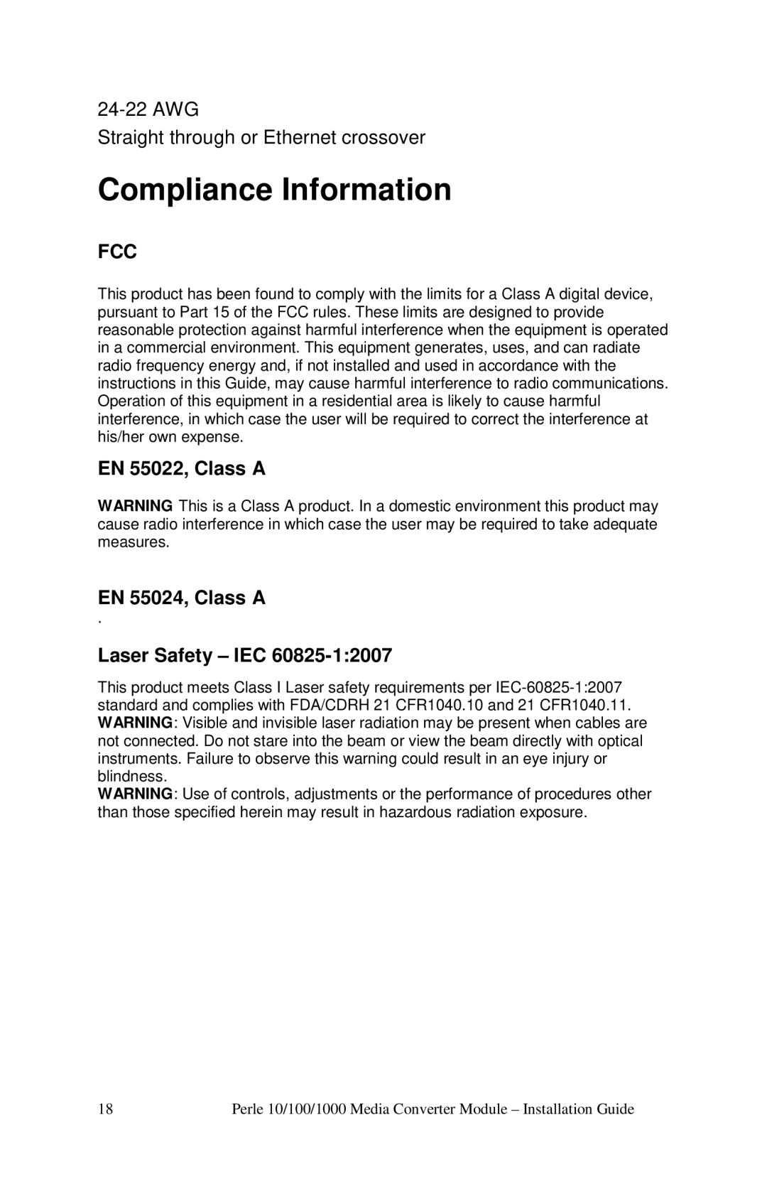 Perle Systems c-1111-xxxxx manual Compliance Information, EN 55022, Class a EN 55024, Class a Laser Safety IEC 