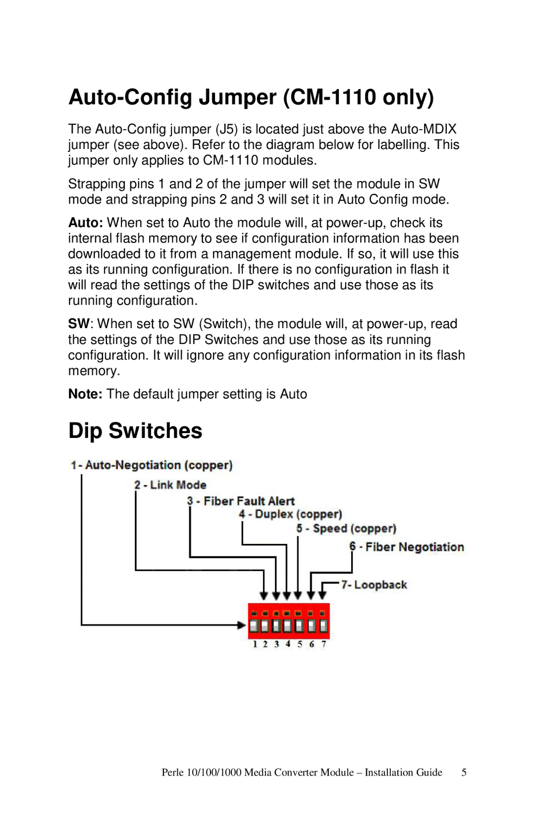 Perle Systems c-1111-xxxxx manual Auto-Config Jumper CM-1110 only, Dip Switches 