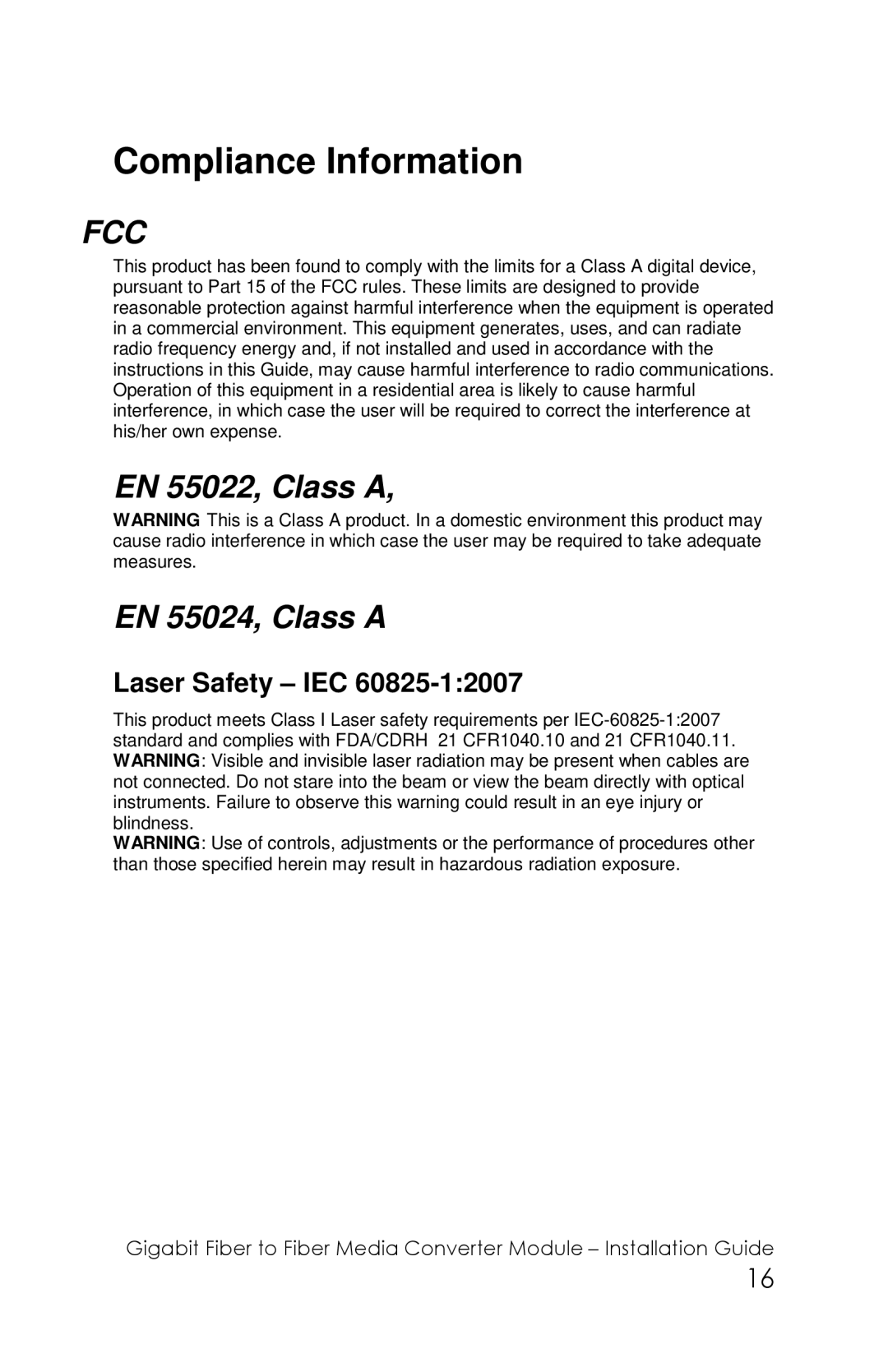 Perle Systems CM-1000MM-XXXXXX manual Compliance Information, EN 55022, Class a EN 55024, Class a, Laser Safety IEC 