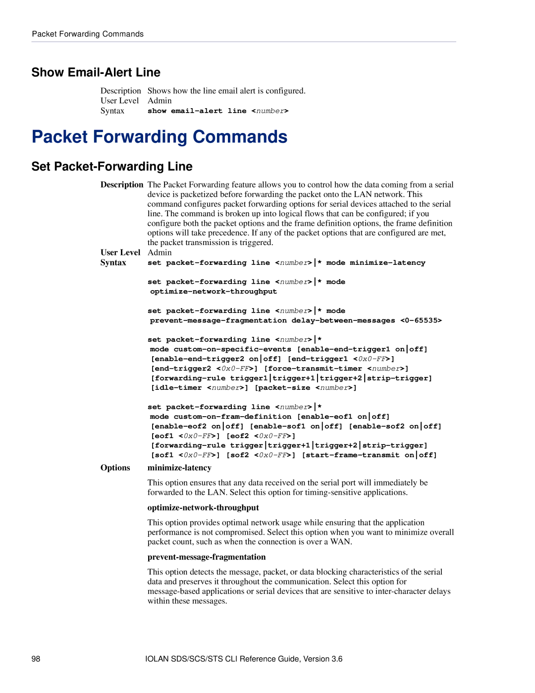 Perle Systems CSS manual Packet Forwarding Commands, Show Email-Alert Line, Set Packet-Forwarding Line 